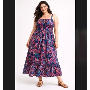 Torrid Maxi Dress 1X Floral Smocked Challis Sleeveless Pockets Summer Party NWT